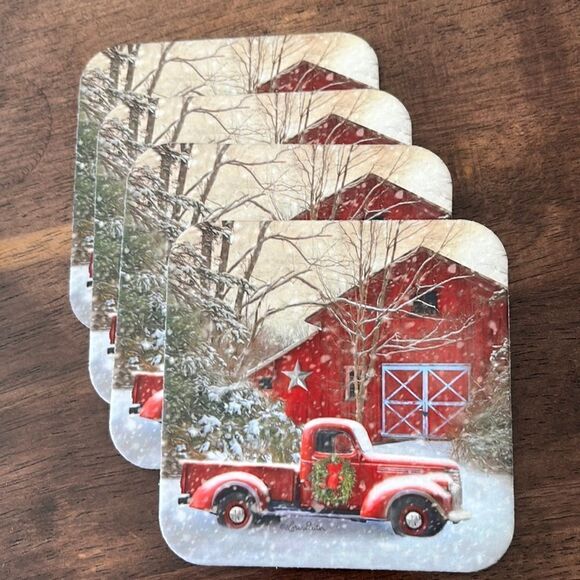 Christmas Farmhouse Barn and Red Pickup Truck Cork Coasters and Towel (new) - Picture 2 of 11